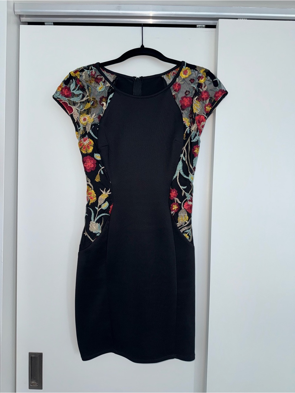 BCX Black Cap-Sleeve Dress with Multicolor Floral Embroidery